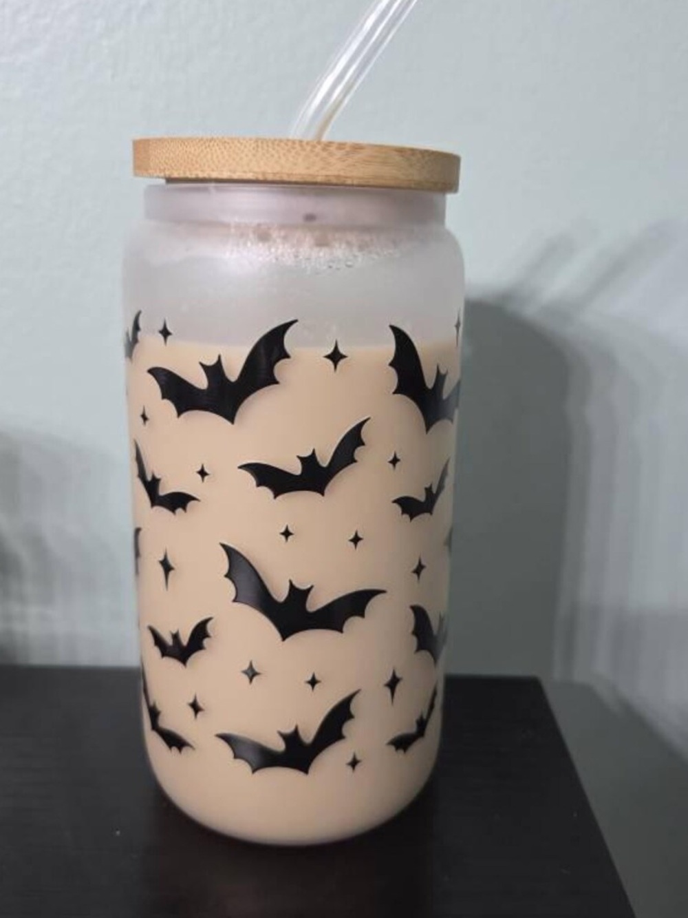 Black Bat Pattern Frosted Glass Tumbler with Bamboo Lid